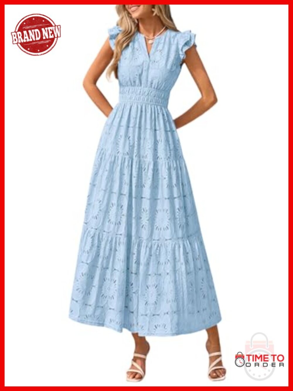 Eyelet Boho Maxi Dress Flutter Sleeve V-Neck Fit Flare